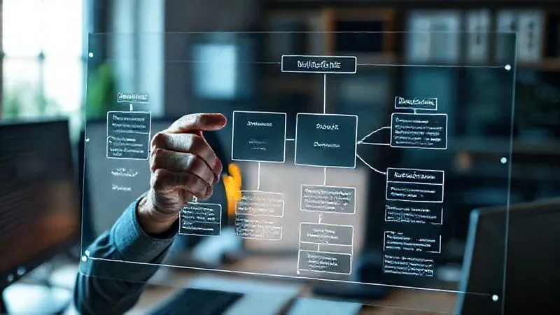 A photorealistic image of a freelancer programmer confidently pointing to a complex flowchart diagram illustrating different pricing models (hourly, project-based, retainer, value-based) on a transparent digital screen. Each model has clear pros and cons highlighted. Cinematic lighting, sharp focus on the diagram, depth of field blurring the programmer's office. 8K hyper-detailed.