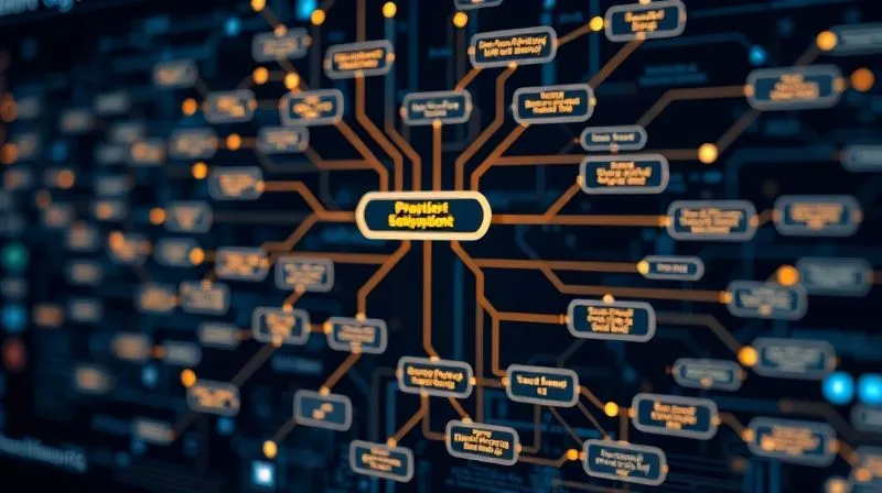 A photorealistic, professional photography of a complex, glowing digital flowchart with multiple branching paths and interconnected nodes, representing software project complexity. Cinematic lighting highlights key decision points, sharp focus on the central flow, depth of field blurring the background, 8K hyper-detailed, shot on a high-end DSLR.
