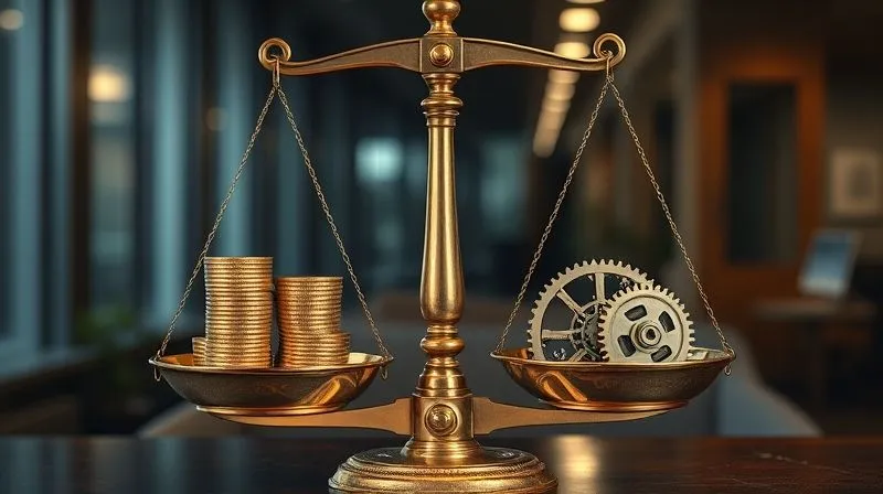 A photorealistic, professional photography of a vintage brass scale with two pans, one filled with a stack of golden coins representing 'profit' and the other with complex, intertwined gears and circuit boards representing 'project complexity'. The scale is perfectly balanced, symbolizing strategic pricing. Cinematic lighting, sharp focus on the scale, depth of field blurring a modern office background, 8K hyper-detailed, shot on a high-end DSLR.