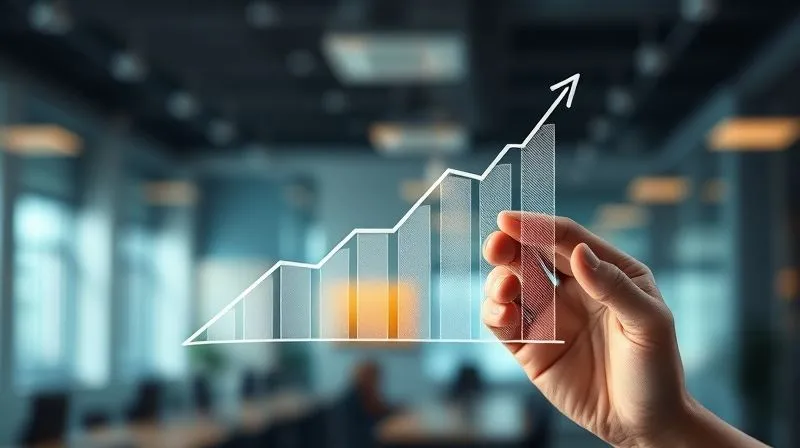 A photorealistic, professional photography of a hand drawing a growth chart with an upward trend on a transparent glass board, illuminated by soft, cinematic backlighting. The background shows a blurred, modern office environment. Sharp focus on the chart and hand, depth of field creating a sense of depth, 8K hyper-detailed, shot on a high-end DSLR.