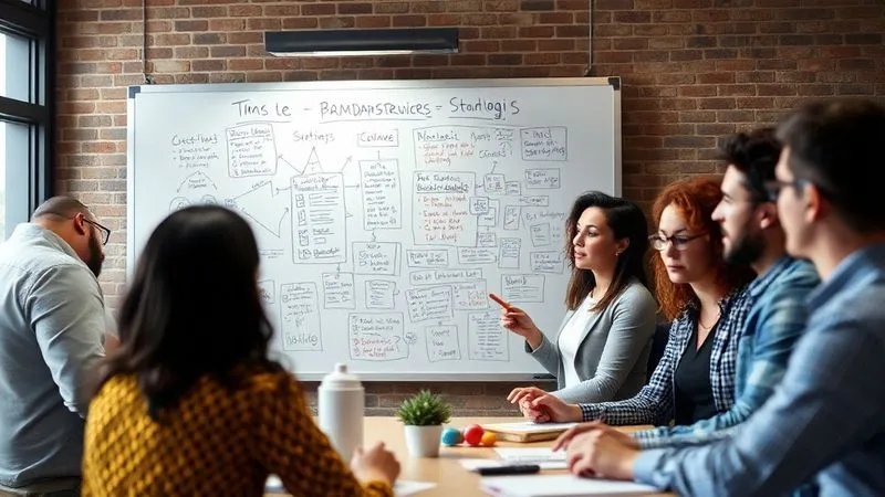 A photorealistic image of a diverse group of professionals (freelancers and clients) engaged in a collaborative brainstorming session around a whiteboard filled with strategic ideas and diagrams, demonstrating clear communication and shared goals. The atmosphere is professional and energetic, with cinematic lighting and sharp focus on the whiteboard, depth of field blurring the background. 8K hyper-detailed, shot on a high-end DSLR.