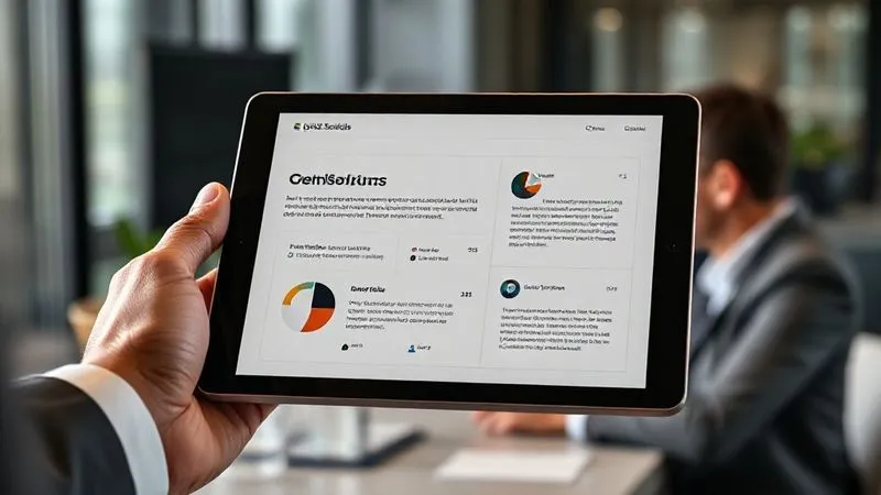 A photorealistic image of a sleek, modern digital portfolio displayed on a high-resolution tablet, showcasing compelling case studies with graphs and client testimonials. The tablet is held by a professional hand, with a blurred background of a satisfied client nodding approvingly during a virtual meeting. Cinematic lighting, sharp focus on the tablet screen, depth of field blurring the background. 8K hyper-detailed, shot on a high-end DSLR.