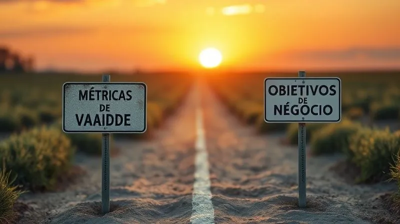 A photorealistic image of two distinct paths, one labeled "Métricas de Vaidade" leading to a dead end sign, and the other labeled "Objetivos de Negócio" leading to a clear, successful horizon with a rising sun. Cinematic lighting, sharp focus on the signs and paths, depth of field blurring the background, 8K hyper-detailed.