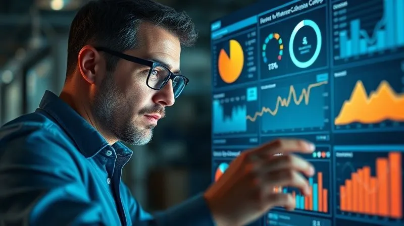 A photorealistic, professional photography shot of a data analyst meticulously examining a complex, glowing holographic dashboard filled with charts, graphs, and influencer campaign metrics. The analyst's focused expression is sharp, with cinematic lighting illuminating the data, and depth of field blurring a modern office background, 8K hyper-detailed.