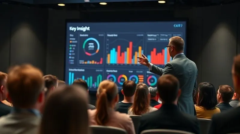 A photorealistic, professional photography shot of a sleek, modern presentation screen displaying a compelling data visualization dashboard, with a presenter confidently gesturing towards a key insight. The audience looks engaged and impressed, conveying trust and understanding. Cinematic lighting, sharp focus on the screen and presenter, depth of field blurring the audience, 8K hyper-detailed.