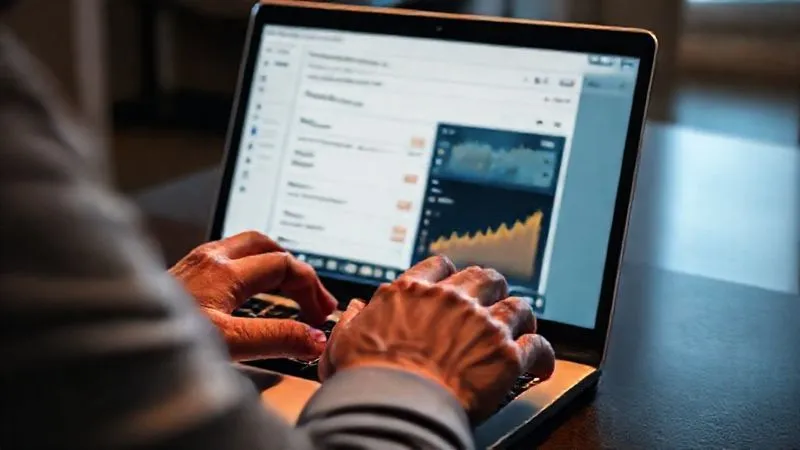 A photorealistic image of a person's hands meticulously configuring digital settings on a laptop screen, with a Google Analytics 4 interface clearly visible, showing event and conversion setup. Cinematic lighting, sharp focus on the screen and hands, depth of field blurring the background, 8K hyper-detailed, shot on a high-end DSLR.
