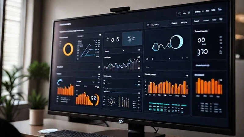 A photorealistic image of a detailed Google Analytics 4 dashboard on a large monitor, displaying various charts and graphs for traffic acquisition, engagement, and conversion rates. The screen is clean, modern, and easy to read. Cinematic lighting, sharp focus on the dashboard, depth of field blurring the background, 8K hyper-detailed, shot on a high-end DSLR.