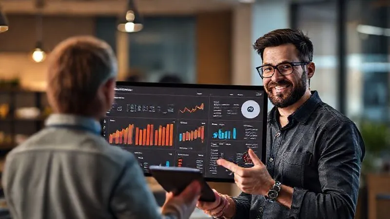 A photorealistic image of a freelancer confidently presenting a sleek, modern data dashboard to a small business owner. The dashboard is displayed on a tablet or laptop, showing clear ROI metrics, growth charts, and conversion funnels, with a positive, understanding expression on the client's face. Cinematic lighting, sharp focus on the presentation, depth of field blurring the background, 8K hyper-detailed, shot on a high-end DSLR.