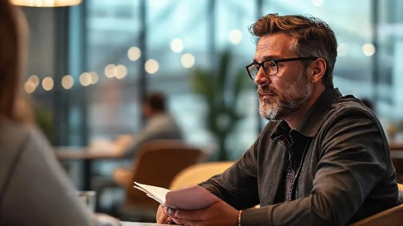 A photorealistic, professional photography shot of a thoughtful small business owner in a casual meeting setting, actively listening and taking notes, with a subtle visual metaphor of a bridge connecting ideas in the background. Cinematic lighting, sharp focus on the owner's face, depth of field blurring the background. 8K hyper-detailed, shot on a high-end DSLR.