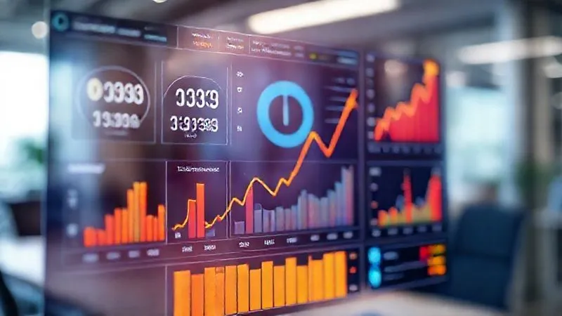 A photorealistic, professional photography shot of a vibrant, interactive digital dashboard displaying various local SEO KPIs like calls, directions, and website clicks, with clear upward trend arrows. Cinematic lighting, sharp focus on the data, depth of field blurring a modern office background. 8K hyper-detailed, shot on a high-end DSLR.