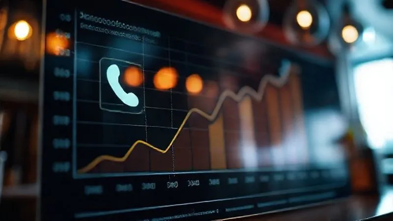 A photorealistic, professional photography shot of a bar chart showing a significant increase in qualified leads over several months for a local business, with a phone icon prominently featured. Cinematic lighting, sharp focus on the chart, depth of field blurring the background. 8K hyper-detailed, shot on a high-end DSLR.