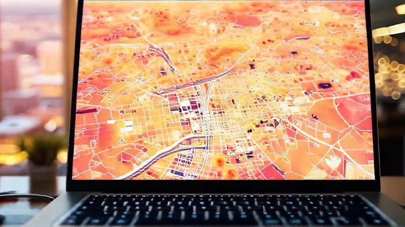 A photorealistic, professional photography shot of a heat map overlayed on a city map, illustrating areas of high and low local search visibility for a small business, with clear color gradients. Cinematic lighting, sharp focus on the map, depth of field blurring a laptop keyboard in the foreground. 8K hyper-detailed, shot on a high-end DSLR.