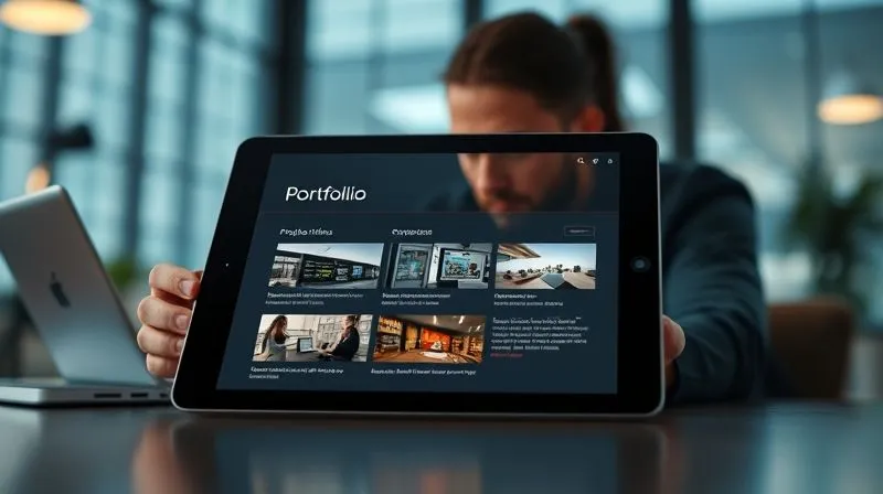 A photorealistic, sleek digital portfolio displayed on a modern tablet, showcasing a clean UI with project thumbnails and concise descriptions. The background is a blurred, professional workspace with a focused individual in the foreground, indicating deep work and attention to detail. Cinematic lighting, sharp focus, depth of field, 8K hyper-detailed, professional photography, shot on a high-end DSLR.