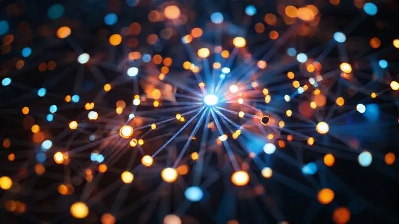 photorealistic, professional photography, 8K, cinematic lighting, sharp focus, depth of field, shot on a high-end DSLR. A complex, interconnected network diagram glowing with different colored nodes, representing segmented customer data flow. The central nodes are brightly lit, while peripheral, 'inactive' nodes are subtly illuminated, showing potential for re-engagement.