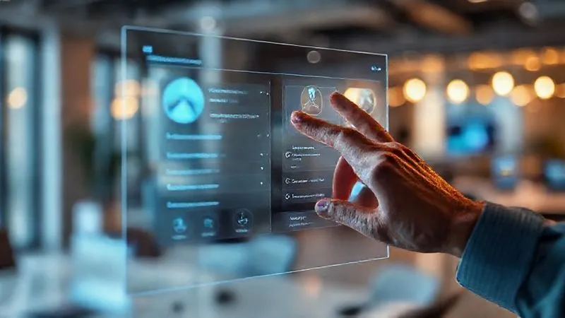 photorealistic, professional photography, 8K, cinematic lighting, sharp focus, depth of field, shot on a high-end DSLR. A person's hand subtly adjusting the settings on a futuristic, transparent digital screen, showing personalized content tailored to different user profiles, with a warm, inviting glow. Focus on the hand and screen, blurring the background of a modern office.