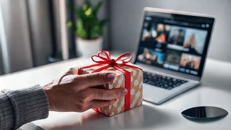 photorealistic, professional photography, 8K, cinematic lighting, sharp focus, depth of field, shot on a high-end DSLR. A person's hand gently placing a beautifully wrapped gift box on a clean, minimalist desk, next to a laptop displaying engaging content. The gift symbolizes valuable, non-salesy content. Soft, ambient light, focus on the gift and hand.