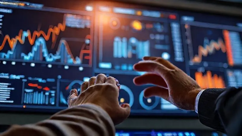 photorealistic, professional photography, 8K, cinematic lighting, sharp focus, depth of field, shot on a high-end DSLR. A sleek, modern dashboard with interconnected data points and automated workflows flowing seamlessly, representing efficient marketing automation. Human hands are subtly interacting with the screen, symbolizing human oversight and strategic planning. Bright, clean aesthetic.