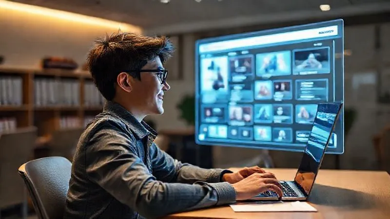 A photorealistic image of a student sitting at a desk, deeply engaged with a holographic projection of a dynamic online course interface, showing new modules being added in real-time. The student has a look of focused satisfaction, cinematic lighting, sharp focus on the student and holographic screen, depth of field, 8K hyper-detailed, shot on a high-end DSLR.