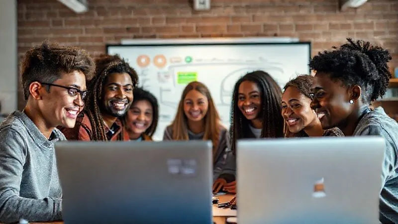 A photorealistic image of a diverse group of online students (various ages, ethnicities) collaboratively working on a virtual whiteboard, smiling and interacting in a vibrant online community platform. Gamified elements like badges and progress bars are subtly visible on the interface. Cinematic lighting, sharp focus on the group and their screens, depth of field, 8K hyper-detailed, shot on a high-end DSLR.