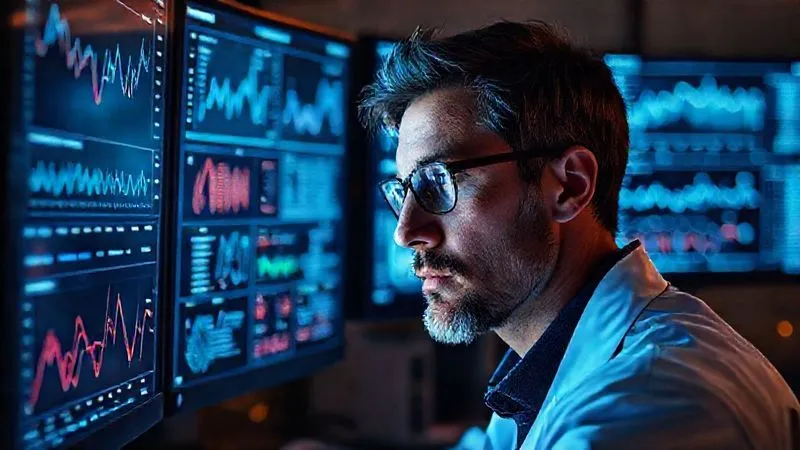 A photorealistic image of a data scientist looking intently at multiple screens displaying complex data visualizations, including churn prediction models and user behavior graphs. The atmosphere is focused and analytical, with subtle glowing lines connecting data points. Cinematic lighting, sharp focus on the screens and the data scientist's face, depth of field, 8K hyper-detailed, shot on a high-end DSLR.