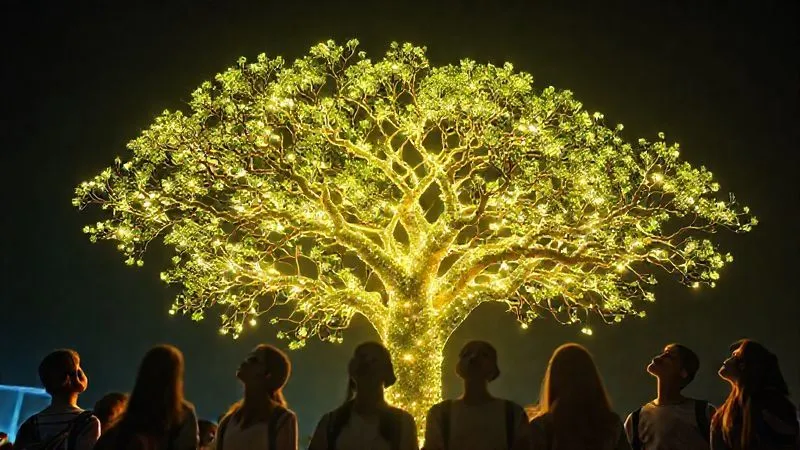A photorealistic image of a futuristic, glowing tree with multiple branches, each representing a new course or feature growing from the main trunk of an online school platform. Students are looking up in awe and excitement. Cinematic lighting, sharp focus on the tree and students, depth of field, 8K hyper-detailed, shot on a high-end DSLR.