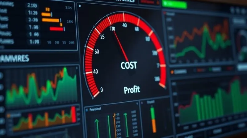 A photorealistic image of a complex digital dashboard with various charts and graphs, but with a clear 'cost' meter in red, contrasting with a 'profit' meter in green, symbolizing the struggle to balance expenses and revenue. Cinematic lighting, sharp focus, depth of field, 8K hyper-detailed, professional photography, shot on a high-end DSLR.