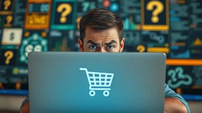 A photorealistic image of a frustrated person looking at a laptop screen with a broken shopping cart icon, surrounded by question marks and dollar signs, cinematic lighting, sharp focus on the person's face showing confusion and annoyance, depth of field blurring a background of complex digital interfaces. 8K hyper-detailed, shot on a high-end DSLR.