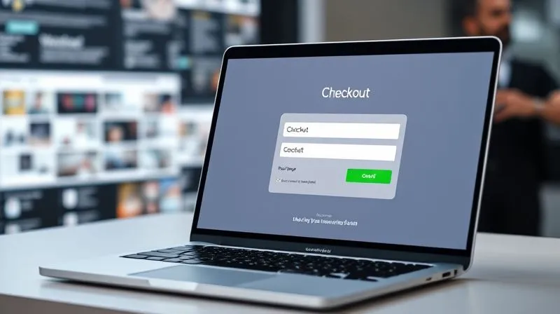 A photorealistic image of a streamlined, minimalist e-commerce checkout page on a modern laptop, with a green checkmark indicating completion, clean design, cinematic lighting, sharp focus on the screen, depth of field blurring a background of busy, cluttered web pages. 8K hyper-detailed, shot on a high-end DSLR.