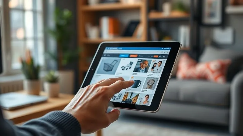 A photorealistic image of a user's hand smoothly interacting with a well-designed, fast-loading e-commerce website on a tablet, vibrant product images clearly visible, cinematic lighting, sharp focus on the tablet screen and hand, depth of field blurring a comfortable home office setting. 8K hyper-detailed, shot on a high-end DSLR.
