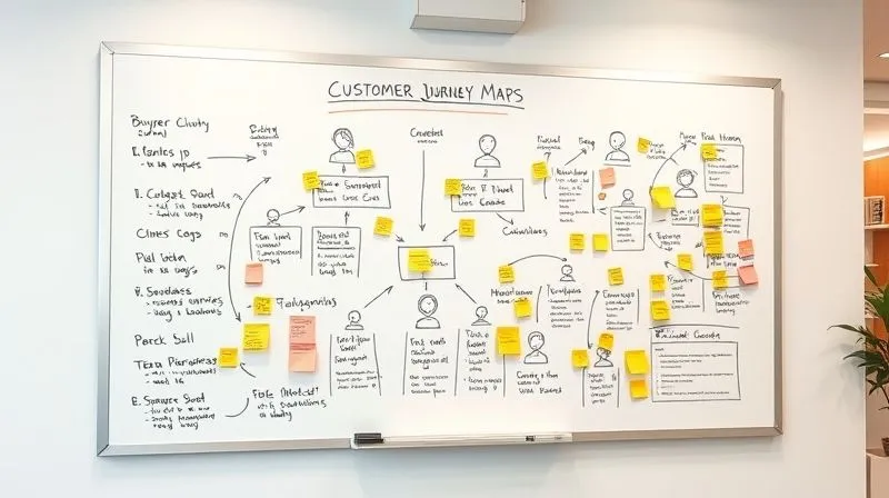 A photorealistic, professional photography shot of a whiteboard with meticulously drawn customer journey maps and detailed buyer personas, filled with sticky notes and arrows, in a clean, brightly lit office environment. 8K, cinematic lighting, sharp focus, depth of field, shot on a high-end DSLR.