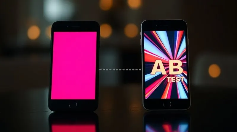 A photorealistic, professional photography shot of two distinct smartphone screens side-by-side, each displaying a different version of a digital advertisement (A/B test). One screen shows a minimalist ad, the other a vibrant, action-oriented ad. A subtle line connects them, representing comparison. 8K, cinematic lighting, sharp focus on the screens, depth of field, shot on a high-end DSLR.