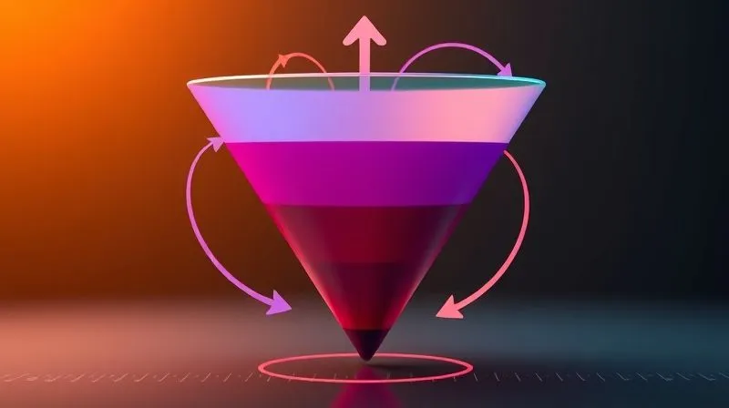 A photorealistic image showing a digital marketing funnel, with the top of the funnel (awareness) being wide and colorful, and the bottom (conversion) being narrower and intensely focused. A series of arrows loop from the middle and bottom of the funnel back towards the top, illustrating the concept of remarketing and retargeting, bringing users back into the conversion path. 8K, cinematic lighting, sharp focus, depth of field, professional photography, shot on a high-end DSLR.
