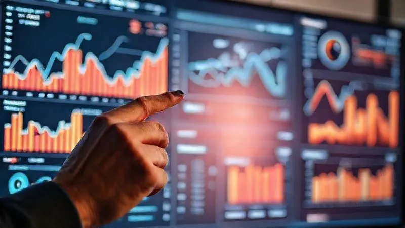 A photorealistic image of a detailed digital marketing analytics dashboard on a large monitor, with various graphs and charts showing campaign performance metrics like CPL, CTR, and conversions. A hand with a stylus is pointing at a specific data point, indicating analysis and decision-making. Cinematic lighting, sharp focus on the screen, depth of field blurring the background, 8K hyper-detailed, professional photography, shot on a high-end DSLR.