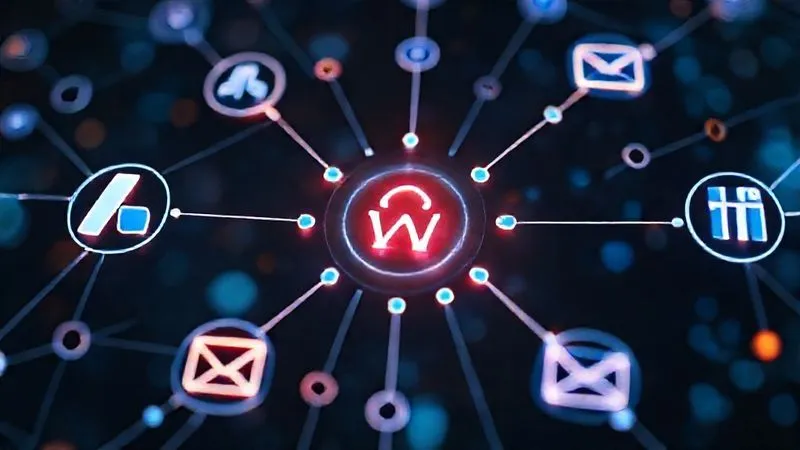 A photorealistic, professional photography image depicting a multi-channel digital marketing ecosystem. Various glowing icons representing Google Ads, Facebook Ads, LinkedIn, and Email Marketing are interconnected, forming a web around a central website icon. Cinematic lighting, sharp focus on the interconnectedness, depth of field, 8K hyper-detailed, shot on a high-end DSLR.