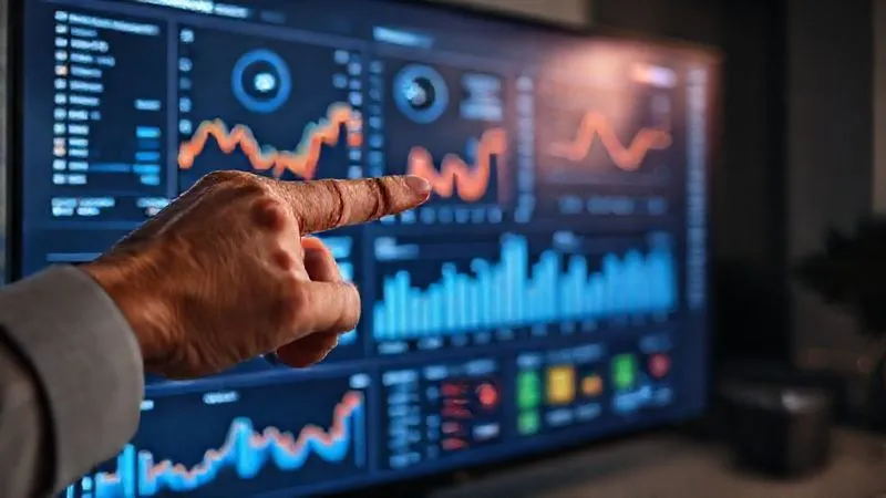 A photorealistic, professional photography image of a data analytics dashboard on a large monitor, displaying various graphs and charts (CTR, Conversion Rate, ROAS). A freelancer's hand points to a specific metric, indicating analysis and optimization. Cinematic lighting, sharp focus on the screen and hand, depth of field, 8K hyper-detailed, shot on a high-end DSLR.