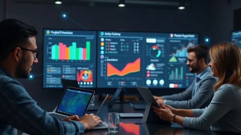 A photorealistic image of a team of diverse remote workers collaborating seamlessly across different time zones, depicted by glowing lines connecting their individual screens. A central dashboard shows project progress and clear communication channels. Cinematic lighting, sharp focus on the collaborative interface, depth of field, 8K hyper-detailed, professional photography, shot on a high-end DSLR.
