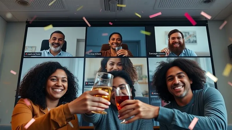 A photorealistic image of a virtual team celebrating a project success. Diverse individuals are seen in video call windows, smiling and raising virtual toasts, with confetti effects subtly integrated. Cinematic lighting, sharp focus on the joyful faces, depth of field, 8K hyper-detailed, professional photography, shot on a high-end DSLR, conveying a sense of unity and achievement.