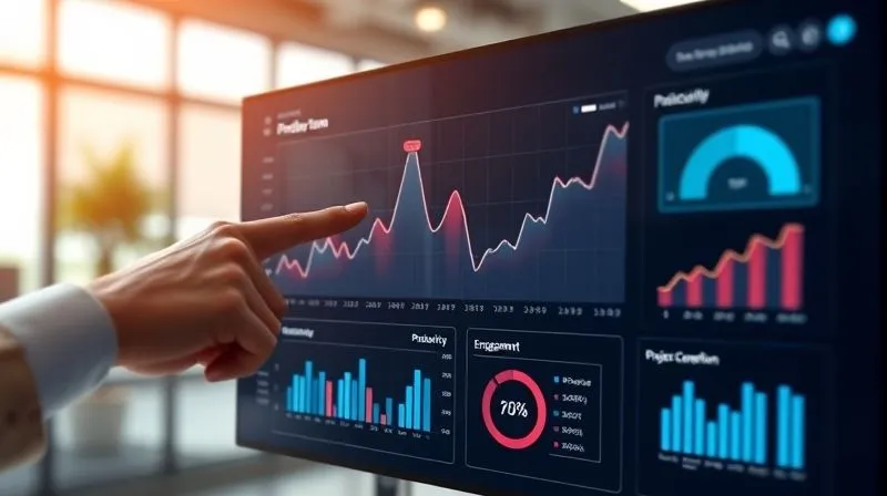 A photorealistic image of a modern dashboard displaying key performance indicators (KPIs) for a remote team. Graphs show positive trends in productivity, engagement, and project completion. A hand points to a specific metric, indicating analysis and optimization. Cinematic lighting, sharp focus on the dashboard, depth of field blurring a subtle office background, 8K hyper-detailed, professional photography, shot on a high-end DSLR.