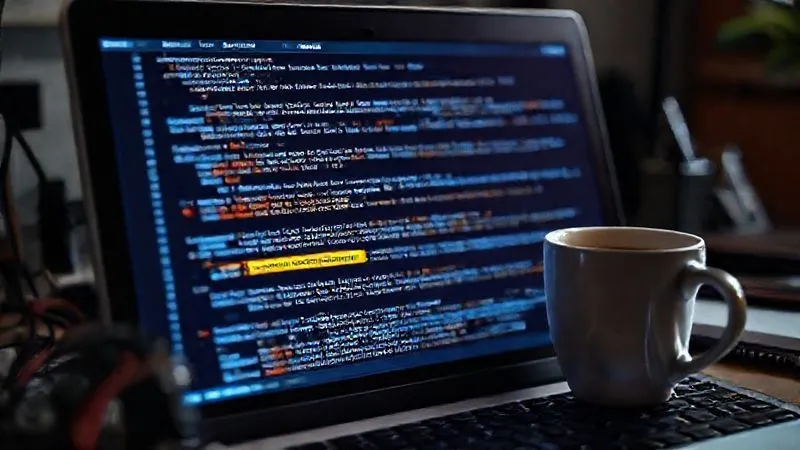 A photorealistic close-up of a web developer's screen showing HTML code with highlighted Schema Markup for an article, surrounded by SEO tools and a coffee cup, professional photography, 8K, cinematic lighting, sharp focus on the code, depth of field blurring the background.