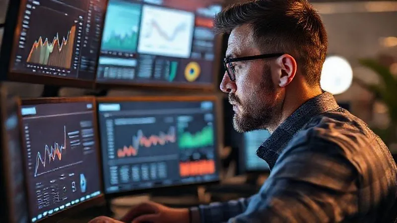 A photorealistic image of a person (representing an SEO specialist) meticulously analyzing multiple screens displaying various SEO analytics dashboards (Google Analytics, Search Console, SEMrush), with a focused expression, professional photography, 8K, cinematic lighting, sharp focus on the screens, depth of field blurring the background.