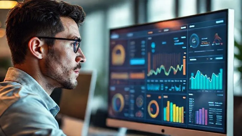 A photorealistic image of a freelancer looking thoughtfully at a dashboard on a sleek monitor, displaying various data points, charts, and metrics related to SaaS usage, productivity, and costs. The person has a focused, analytical expression. Cinematic lighting, sharp focus on the dashboard and the freelancer's face, depth of field blurring the office background. 8K hyper-detailed, shot on a high-end DSLR.