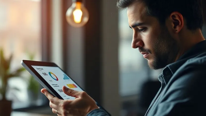 A photorealistic image of a detailed customer persona profile on a digital tablet, with various data points like demographics, psychographics, pains, and gains clearly visible. A freelancer is thoughtfully analyzing the profile, with a lightbulb subtly illuminating above their head. Cinematic lighting, sharp focus on the tablet and the freelancer's face, depth of field blurring the background. Shot on a high-end DSLR, 8K hyper-detailed.