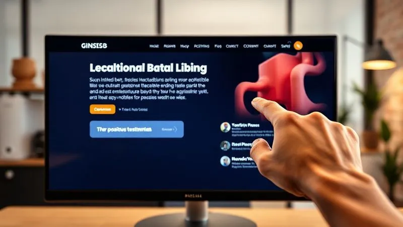 A photorealistic image of a sleek, modern landing page displayed on a large monitor, with a clear, concise headline, strong visual elements, a compelling call to action button, and positive testimonials visible. A hand is pointing to the CTA button, indicating conversion. Cinematic lighting, sharp focus on the screen, depth of field blurring a professional workspace in the background. Shot on a high-end DSLR, 8K hyper-detailed.