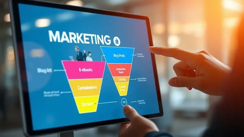 A photorealistic image of a marketing funnel visually represented on a modern touchscreen, with different content types (blog posts, e-books, case studies) flowing down through each stage (awareness, consideration, decision). A freelancer is interacting with the screen, indicating a strategic approach. Cinematic lighting, sharp focus on the funnel representation, depth of field blurring the background. Shot on a high-end DSLR, 8K hyper-detailed.