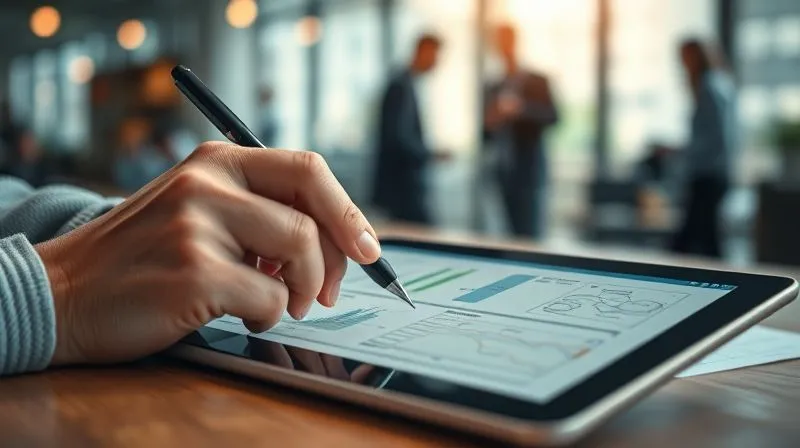 A photorealistic image of a hand holding a pen, pointing at a meticulously organized project plan on a tablet, with blurred figures collaborating in the background. The scene exudes problem-solving and clarity, cinematic lighting. Sharp focus on the tablet and pen, depth of field blurring the background. 8K hyper-detailed, professional photography, shot on a high-end DSLR.