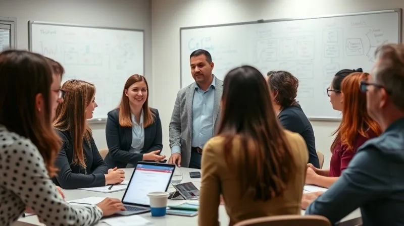 A photorealistic image of a diverse group of professionals engaged in a focused workshop, with a mentor facilitating a discussion on communication skills. Whiteboards with diagrams are visible in the background, cinematic lighting. Sharp focus on the group interaction, depth of field blurring the classroom setting. 8K hyper-detailed, professional photography, shot on a high-end DSLR.