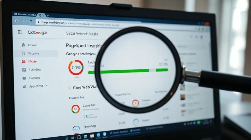 Photorealistic image of a computer screen displaying Google PageSpeed Insights results with red and green scores, with a magnifying glass over the 'Core Web Vitals' section, professional photography, 8K, cinematic lighting, sharp focus, depth of field.