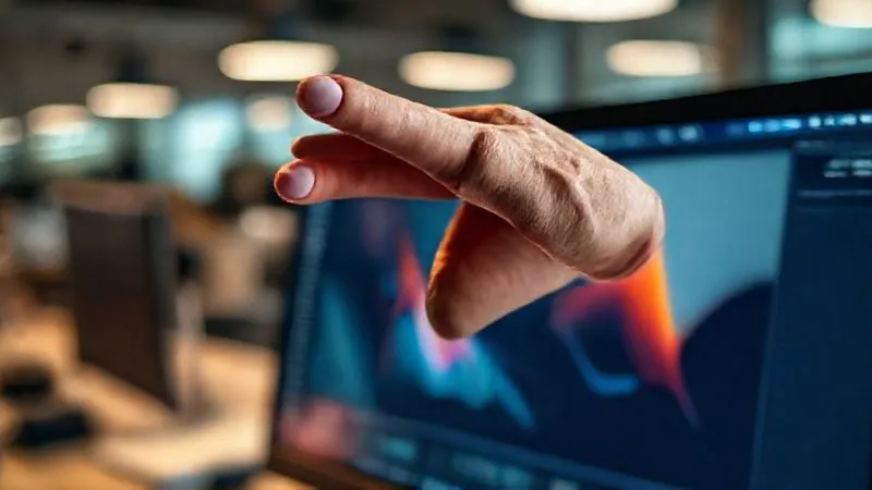 photorealistic, professional photography, 8K, cinematic lighting, sharp focus, depth of field, shot on a high-end DSLR, a close-up of a designer's hand hovering over a frozen Adobe Illustrator interface on a computer screen, reflecting frustration and impatience, with blurred motion lines in the background suggesting lost time, office environment.