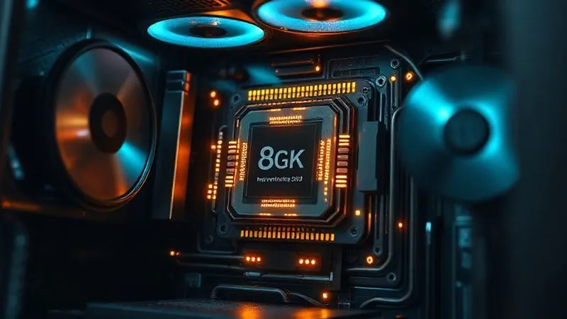 photorealistic, professional photography, 8K, cinematic lighting, sharp focus, depth of field, shot on a high-end DSLR, a stylized, glowing internal view of a high-performance computer processor (CPU) and RAM modules, symbolizing raw power and speed, within a sleek, modern workstation setup.