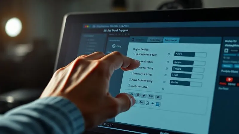 photorealistic, professional photography, 8K, cinematic lighting, sharp focus, depth of field, shot on a high-end DSLR, a designer's hand meticulously adjusting complex settings within a software interface (like Illustrator's preferences window), with a focused expression, implying precision and control over performance, clean workspace.
